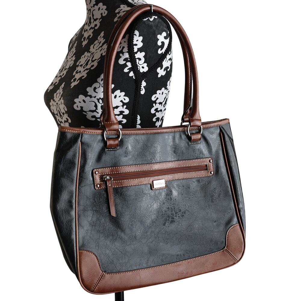 Nine & Co Black/Brown Faux Leather Tote Bag - 13L x 11H x 5D